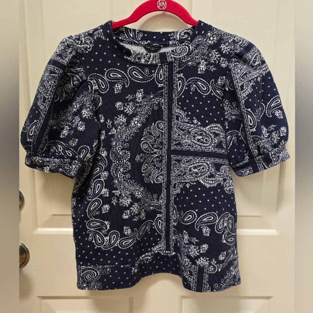 Ann Taylor Navy Blue Paisley Women Shirt With Sleeves Size XSP